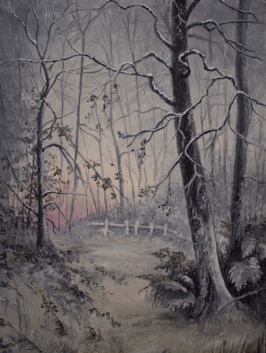 Oil Painting of a serene winter sunset by Jerry PoynterFineArt.com