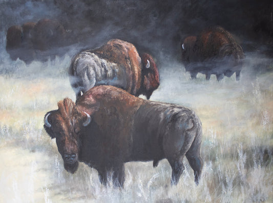 Oil Painting of Buffalo in the mist by Jerry PoynterFineArt.com