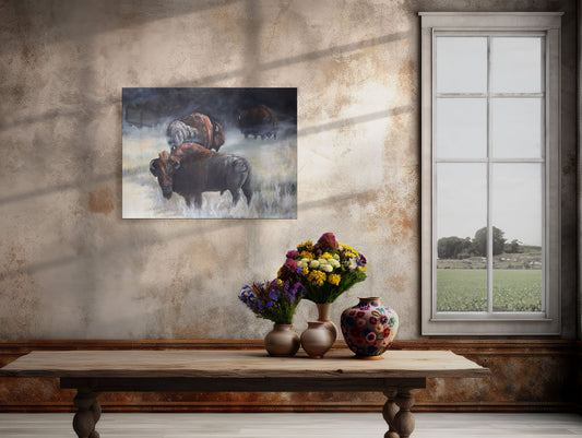 Oil Painting of Buffalo in the mist by Jerry PoynterFineArt.com