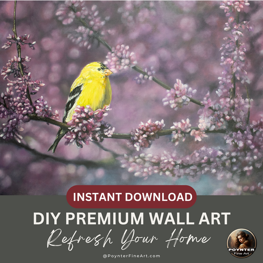 Goldfinch In Vibrant Red Bud Trees - Digital Print Download
